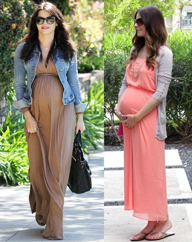 two women wearing long dresses and sunglasses. they are pregnant and they look very good