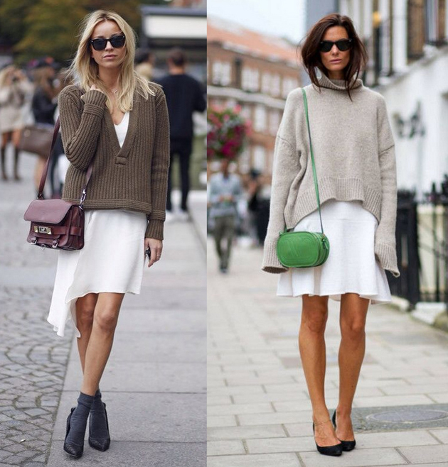 two girls on the streets wearing white skirt and grey sweater