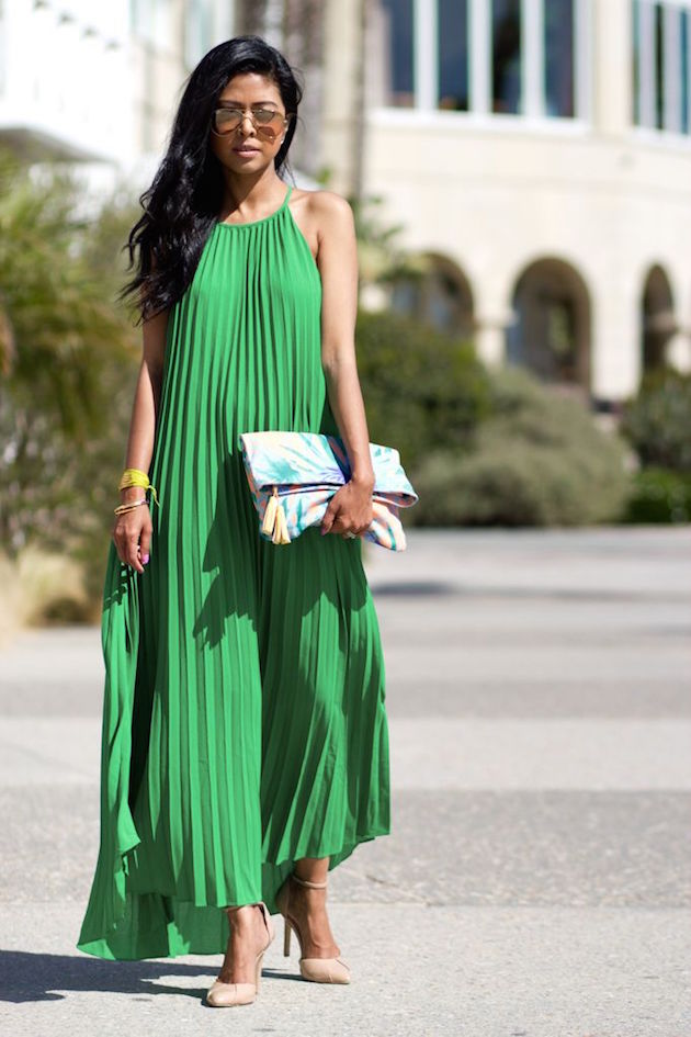 green pleated-maxi-dress-and-heels