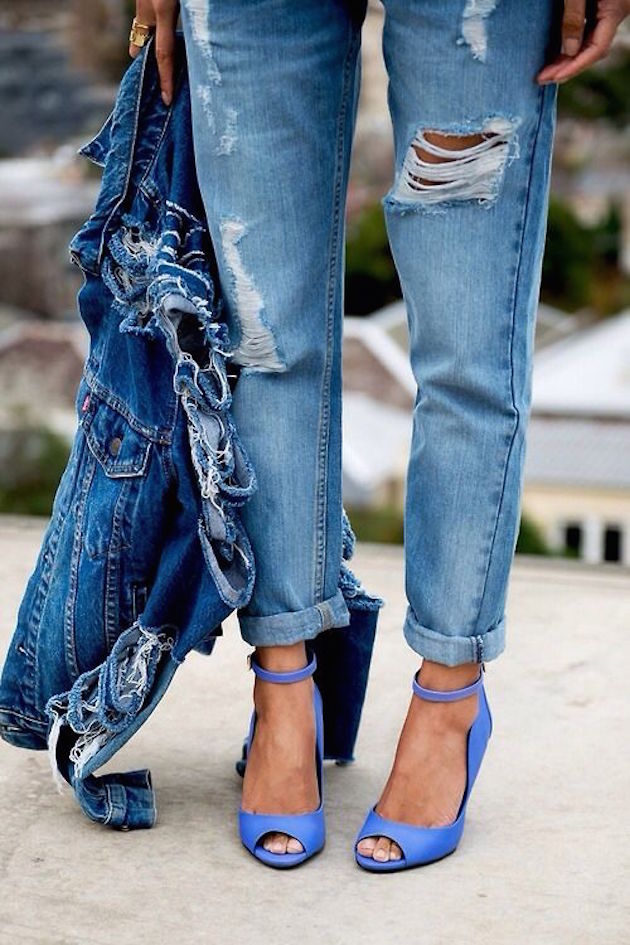 denim outfit and blue shoes
